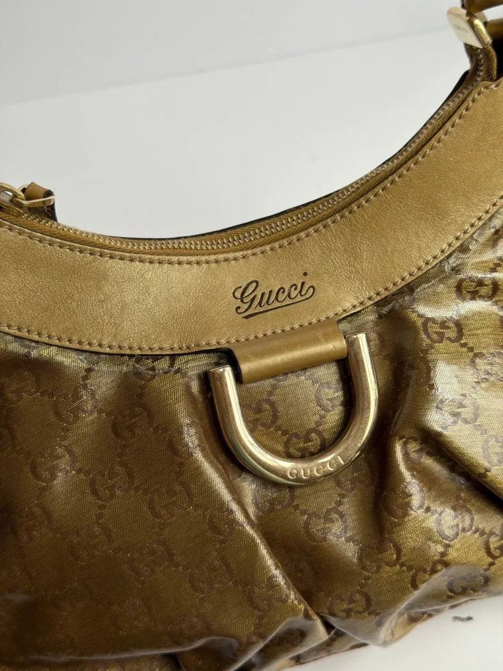 Gucci Abby Gold Leather Coated Monogram Canvas Hobo Shoulder Bag - Picture 4 of 16
